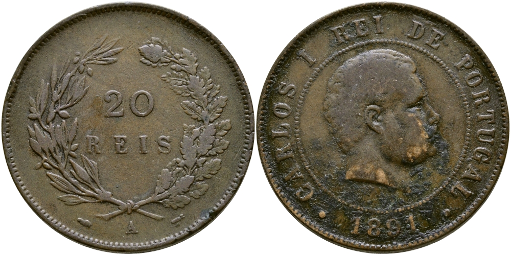 Португалия 20 рейсов 1891 А, Карлуш I (1889-1908) KM 533 бронза 81-241