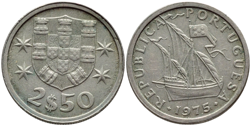 ПОРТУГАЛИЯ 2,5 ЭСКУДО 1975 ПАРУСНИК KM 590 медно-никель 4396-147