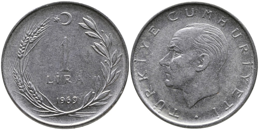 Турция 1 лира 1969 Мустафа Кемаль Ататюрк KM 889а.2 нержавеющая сталь 4538-1223