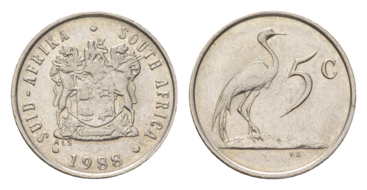 ЮАР 5 центов 1988 герб, райский журавль KM 84 никель 4627-213