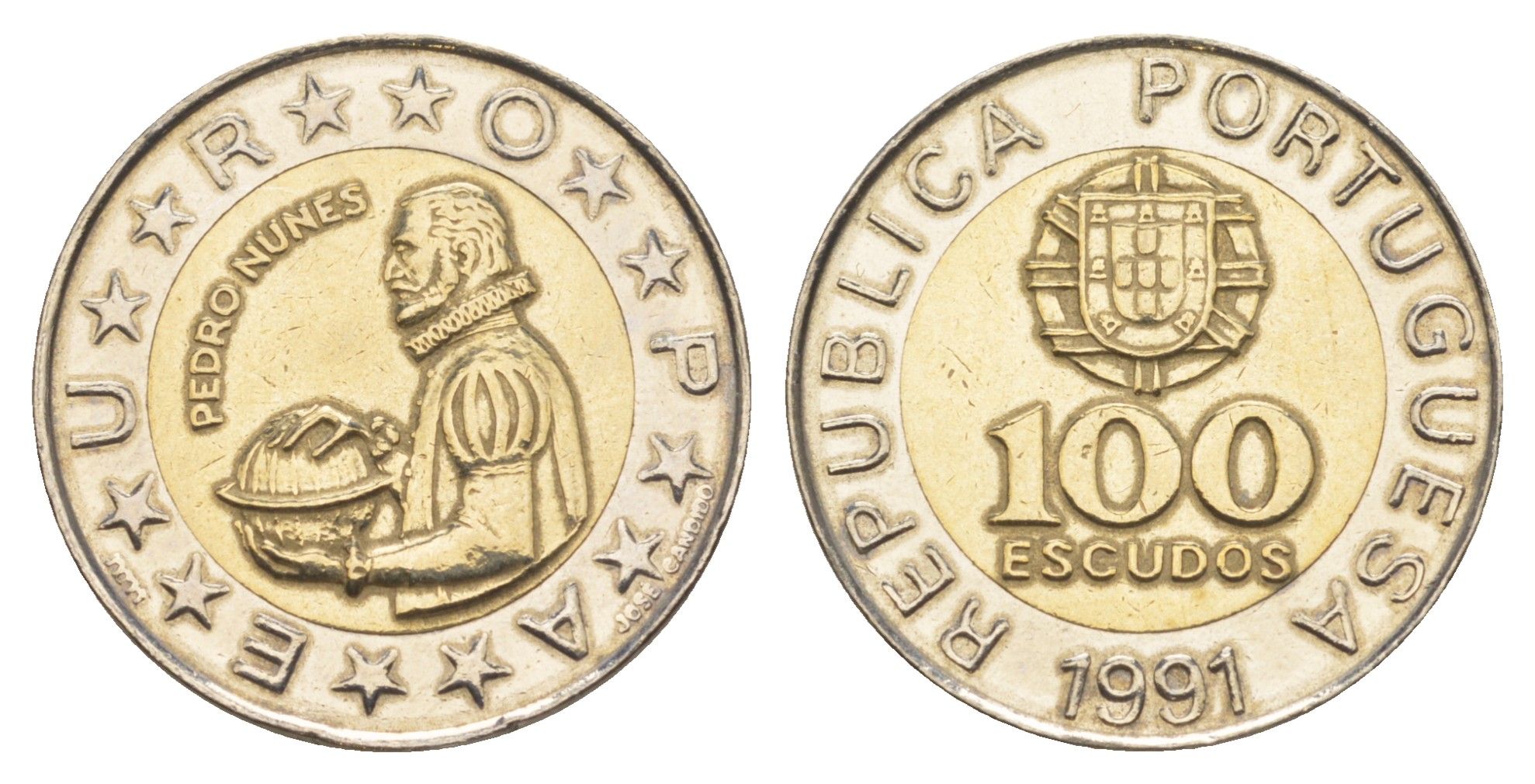 Португалия 100 эскудо 1991 Педру Нуниш (1502-1578), математик KM 645 биметалл 4388-355