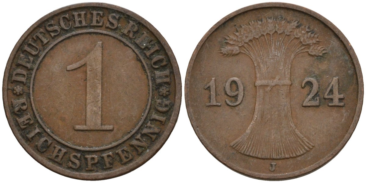 Германия 1 рейхспфенниг 1924 J KM 37, J. 313 бронза 4516-259