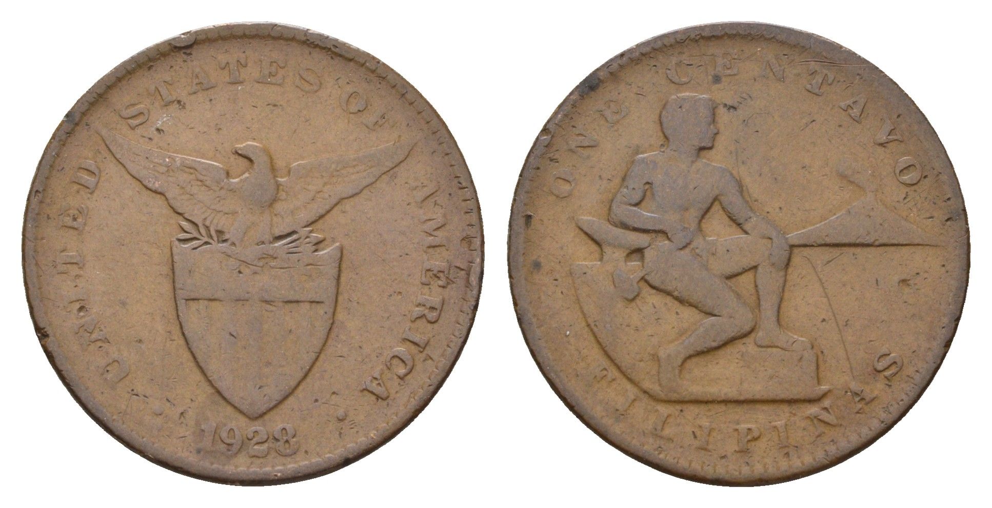 Филиппины 1 сентаво 1928 Администрация США KM 163 бронза 60-626