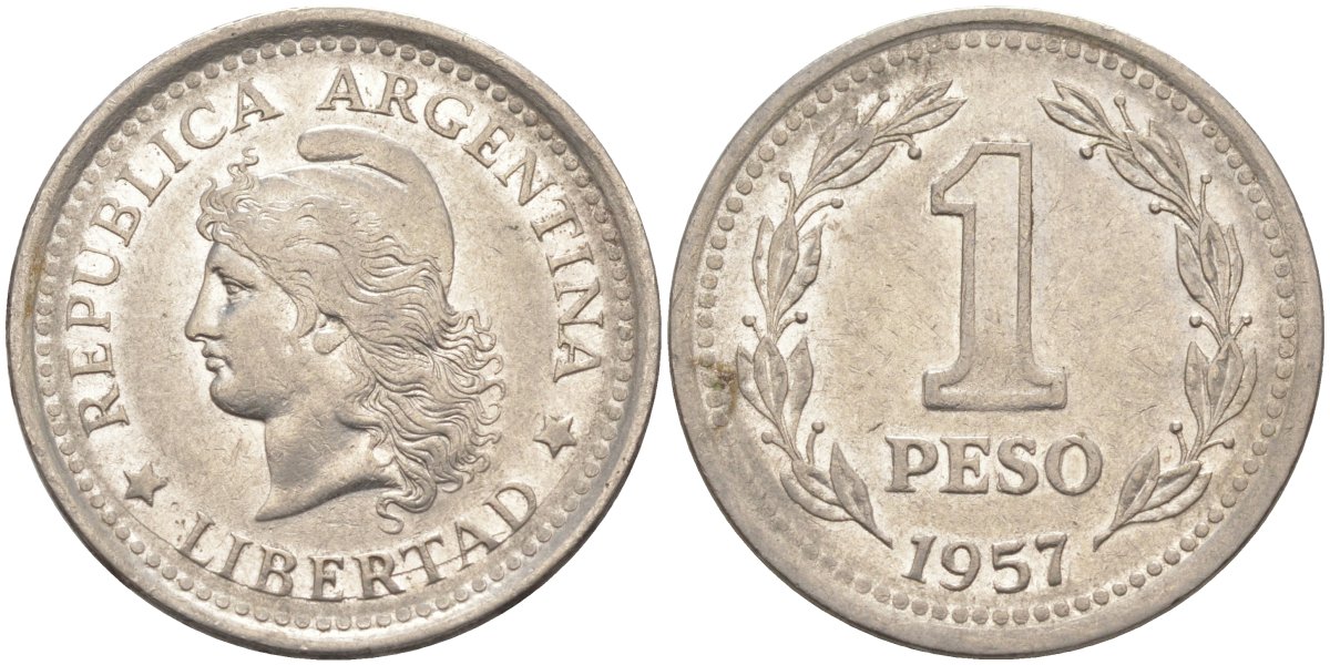 Аргентина 1 песо 1957 голова свободы влево KM 57 сталь плакированная никелем 219-1231