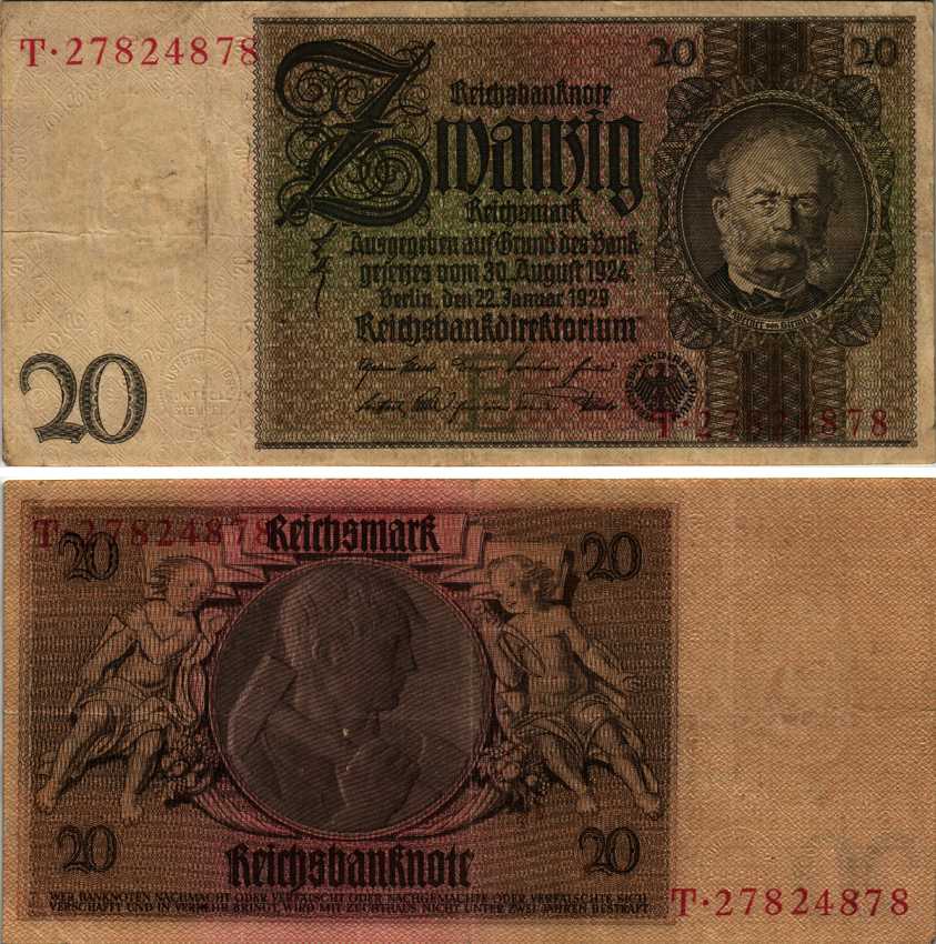 ГЕРМАНИЯ 20 РЕЙХСМАРОК 1929 22 ЯНВАРЯ 1929, БУКВА Е Pick 181а бумага 7183-66-3-2