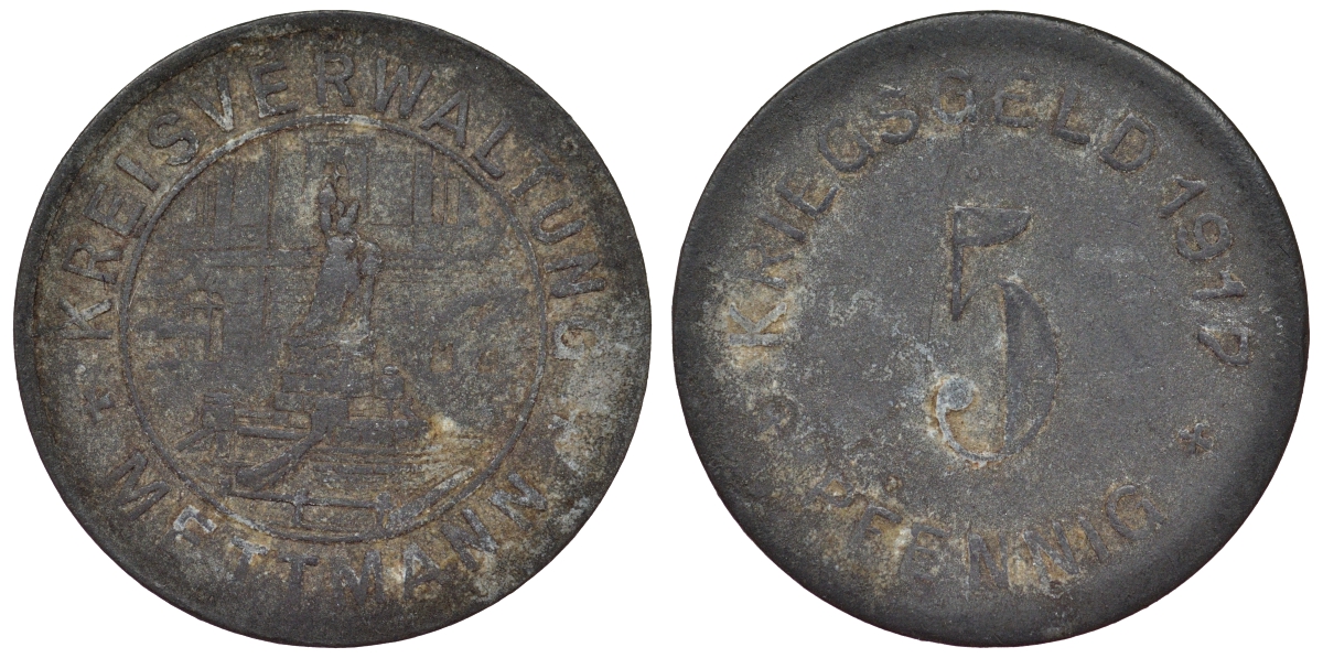 Германия, Меттман 5 пфеннигов 1917 Северный Рейн-Вестфалия, нотгельд Funck 333.1 цинк 4119-841