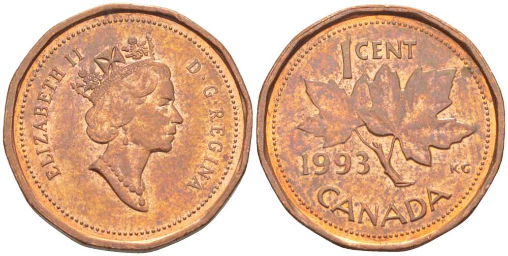 Канада 1 цент 1993 Елизавета II (1952-2022), кленовый лист KM 181 бронза 112-111