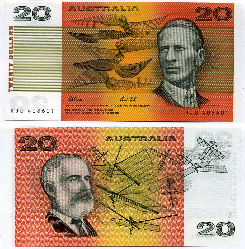 Австралия 20 долларов 1991 сэр Чарльз Кингсфорд-Смит, Лоуренс Харгрейв, подпись B.W. FRAZER - A.S. COLE Pick 46h бумага UNC (пресс) 451-294-2