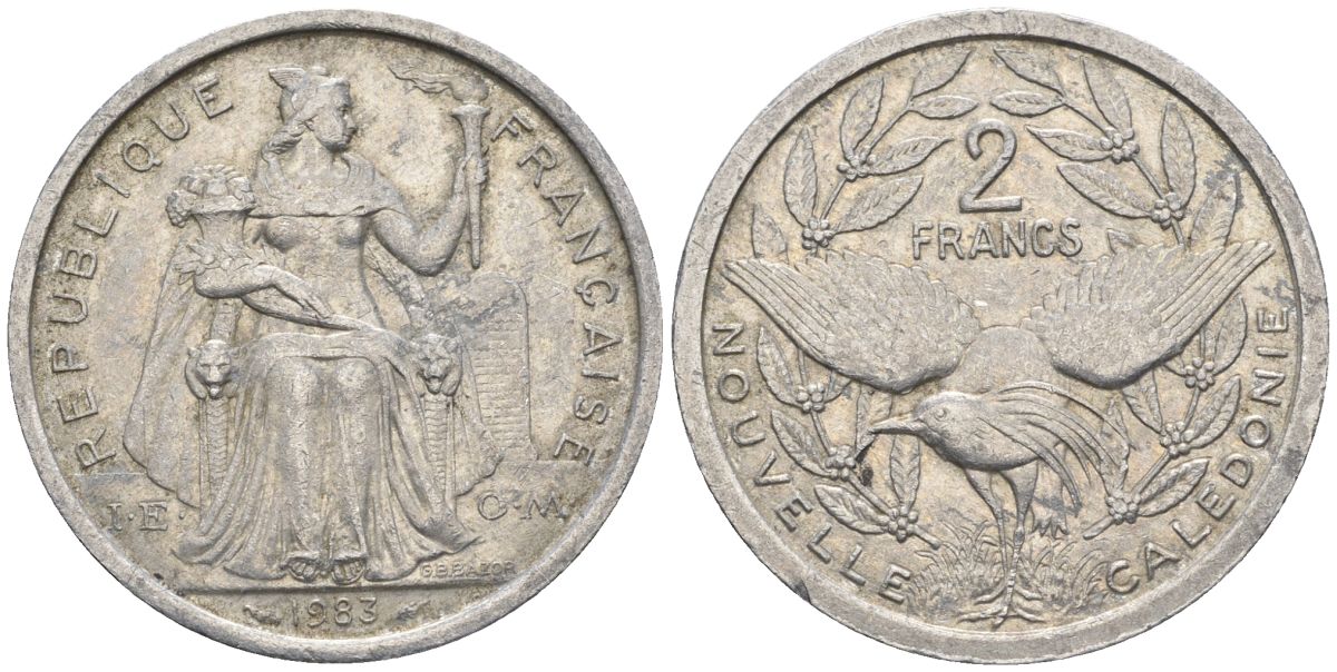 Французская Новая Каледония 2 франка 1983 птица кагу, (IEOM) KM 14, Schoen 11, Lec 63 алюминий    27-855