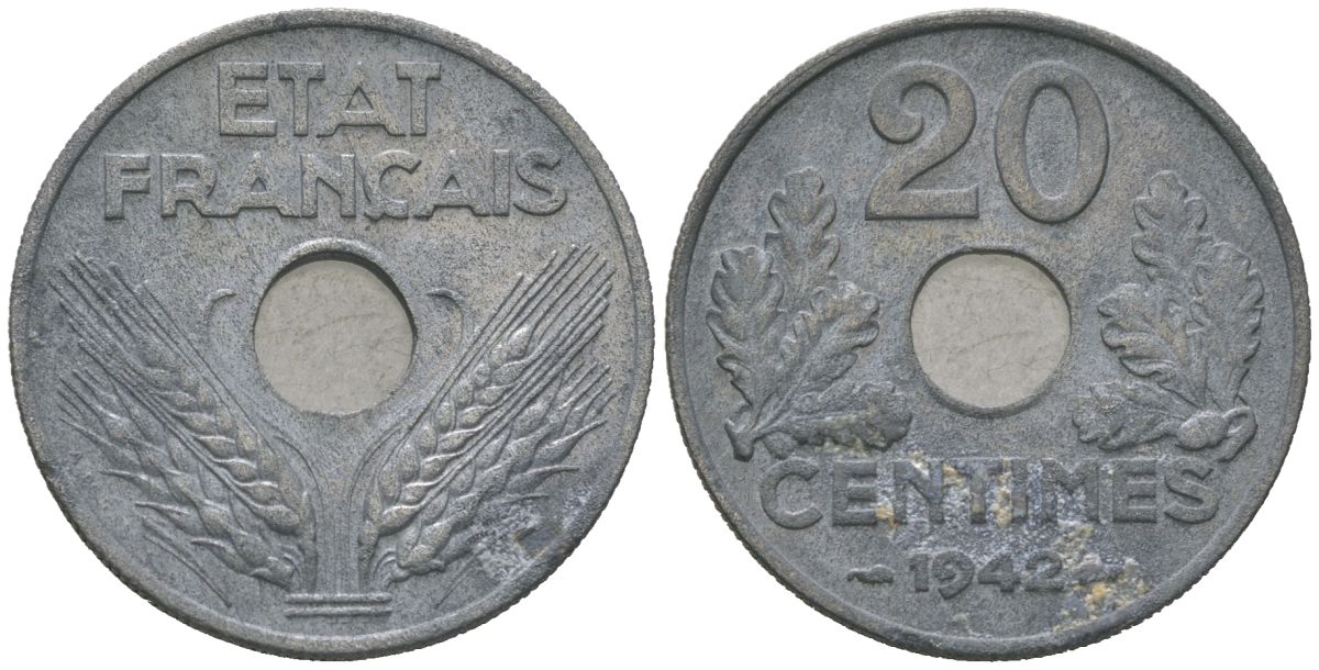Франция 20 сантиов 1942 KM 900.1, Le Franc 153/2 цинк 4584-956