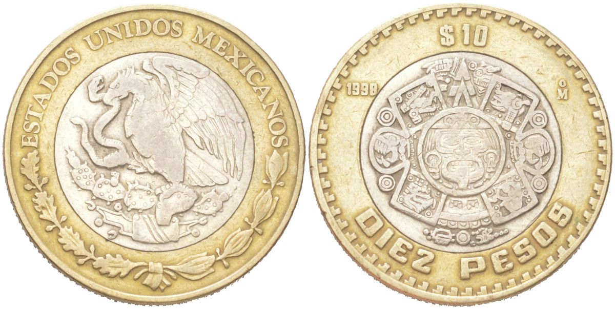 Мексика 10 песо 1998 Мо, бог Тонатиуха с огненной маской KM 616 биметалл 4156-1022