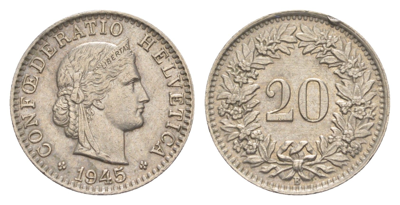 Швейцария 20 раппенов 1945 B KM 29a медно-никель 4625-1018