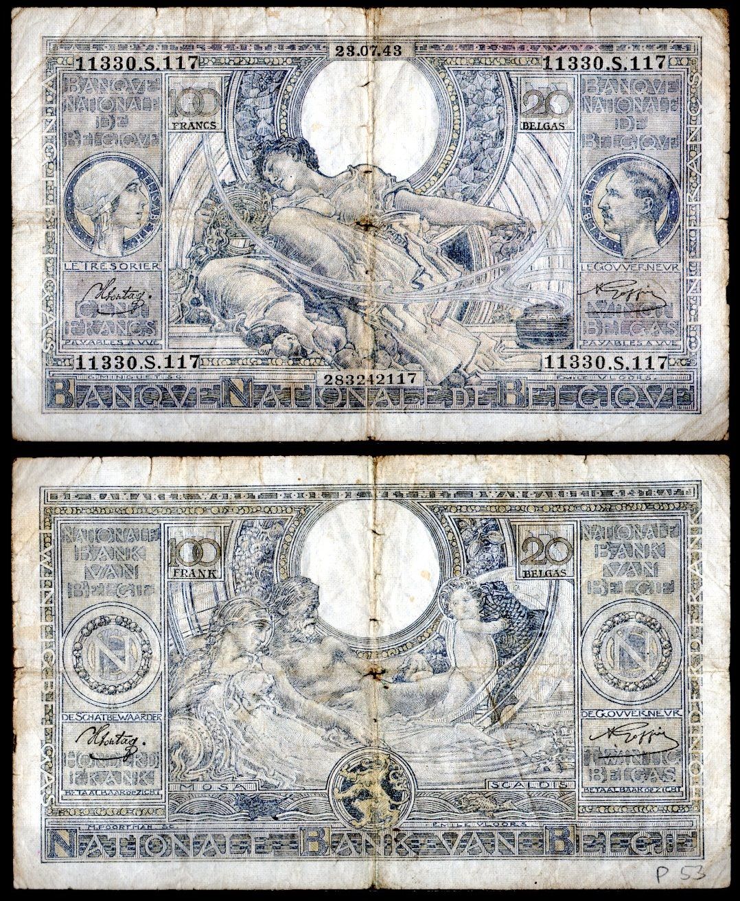 Бельгия 100 франков 1943 Pick 112 бумага 7457-32-2-2