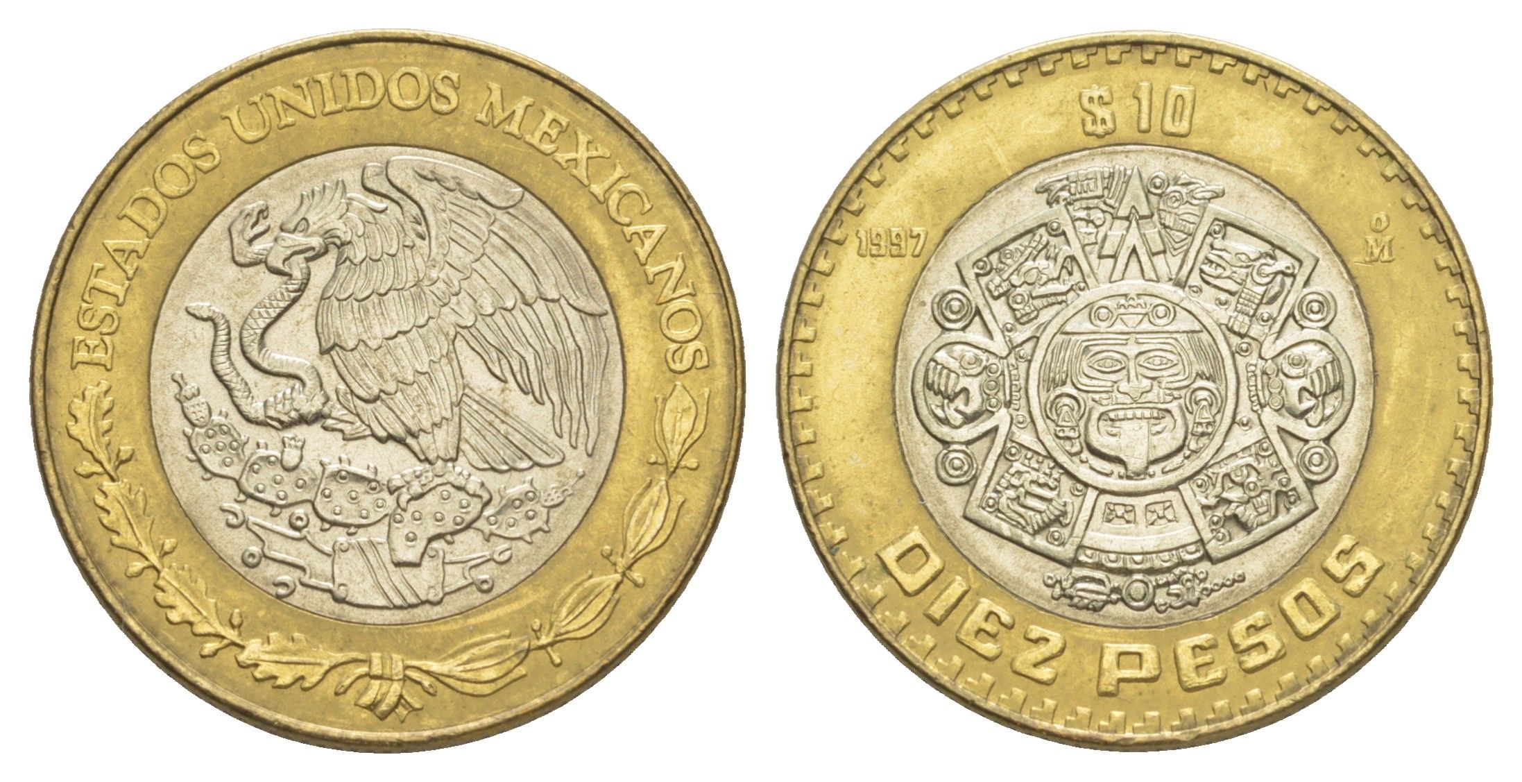 Мексика 10 песо 1997 Мо, бог Тонатиуха с огненной маской KM 616 биметалл aUNC 4637-717