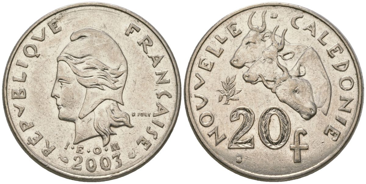 Французская Новая Каледония 20 франков 2003 три быка, (IEOM) KM 12, Schoen 14, Lec 15g никель 4131-645