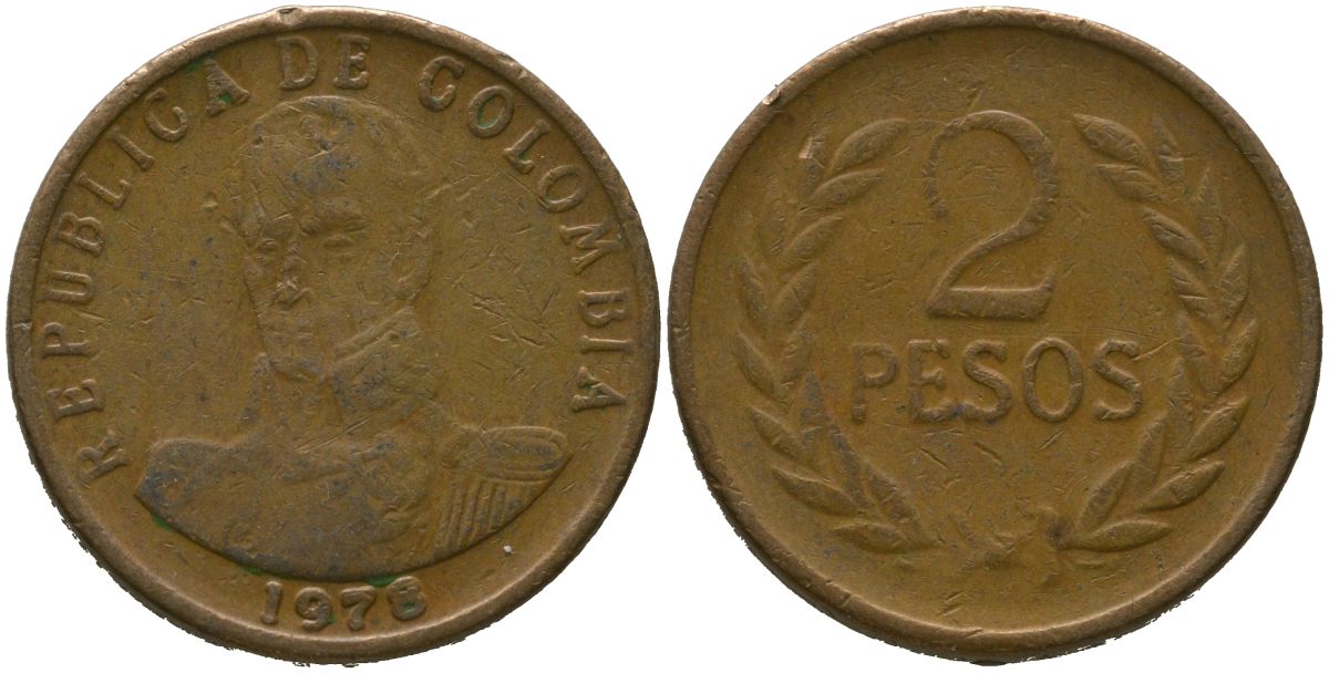 Колумбия 2 песо 1978 KM 263 бронза 4538-134