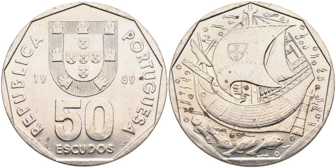 Португалия 50 эскудо 1989 парусник KM 636 медно-никель 4572-523