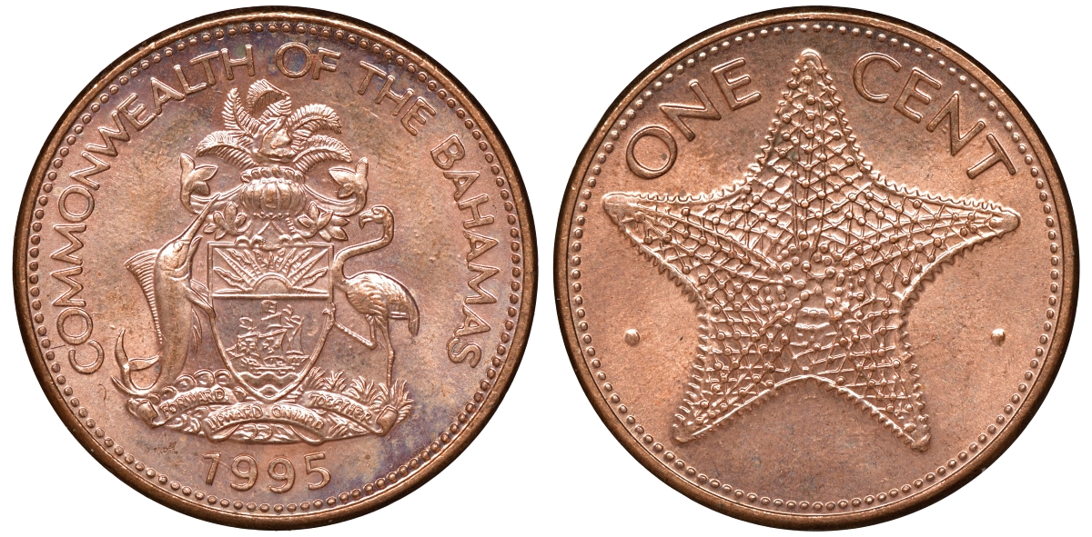 Багамские острова 1 цент 1995 морская звезда KM 59a медь цинк 4175-1142