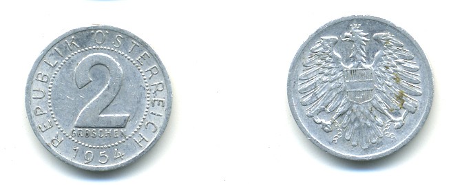 АВСТРИЯ 2 ГРОША 1954 KM 2876 алюминий 4364-523