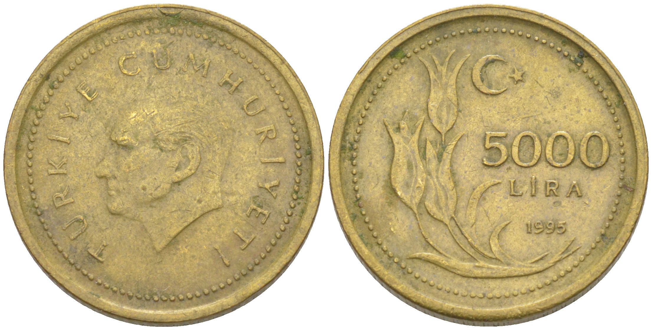 Турция 5000 лир 1995 Мустафа Кемаль Ататюрк KM 1029.1 латунь 106-715
