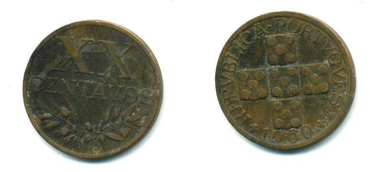 ПОРТУГАЛИЯ 20 СЕНТАВО 1960 KM 584 бронза 35-719