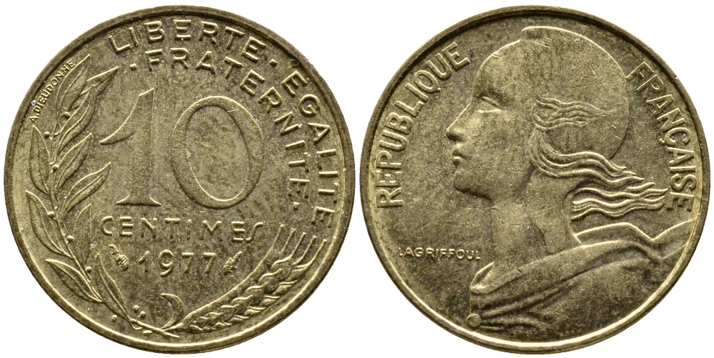 ФРАНЦИЯ 10 САНТИМОВ 1977 ТИП MARIANNE KM 929 медь алюминий никель 4387-654