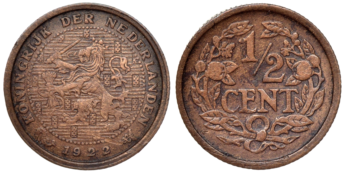 Нидерланды 1/2 цента 1922 Вильгельмина (1890-1948) KM 138 бронза 4115-331