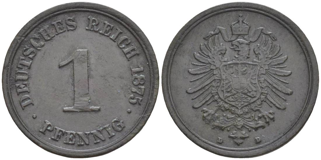 ГЕРМАНИЯ 1 ПФЕННИГ 1875 D, СТАРОГЕРБОВКА KM 1, Jager. 1, Weege 1 медь 4528-1056