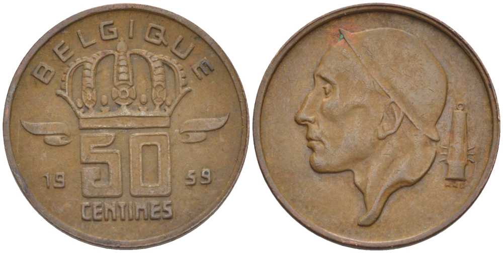 БЕЛЬГИЯ 50 САНТИМОВ 1959 BELGIQUE KM 148.1 бронза 96-623
