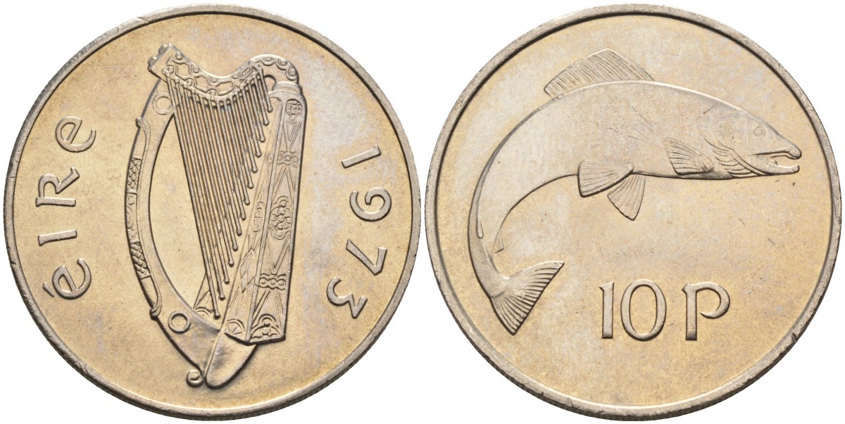 Ирландия 10 пенсов 1973 лосось KM 23 медно-никель UNC 4583-336