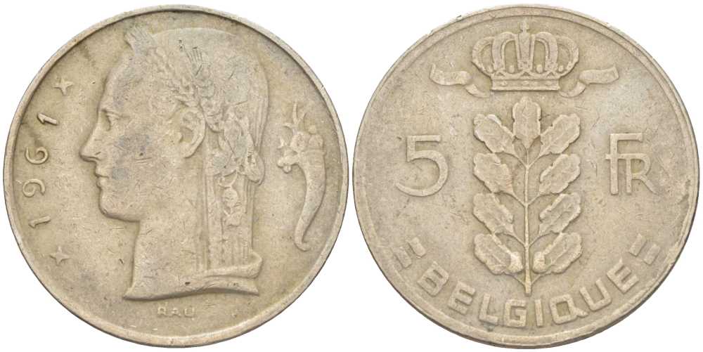 БЕЛЬГИЯ 5 ФРАНКОВ 1961 BELGIQUE, БОДУЭН I (1951-1993) KM 134.1 медно-никель 202-1234