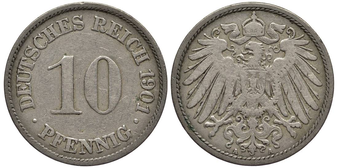 Германия 10 пфеннигов 1901 A KM 12, Jager 13, Weege 8 медно-никель 219-336