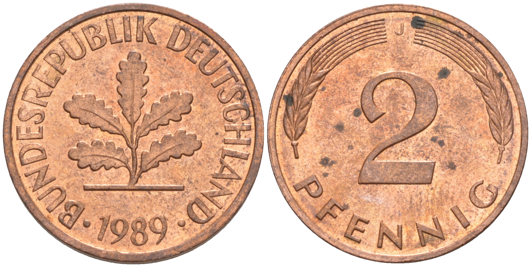 ФРГ 2 пфеннига 1989 J KM 106а, J. 381а сталь плакированная медью 55-1233