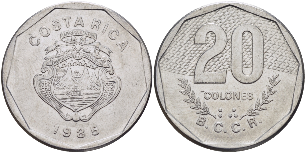 КОСТА-РИКА 20 КОЛОН 1985 сс KM 216.2 нержавеющая сталь 82-136