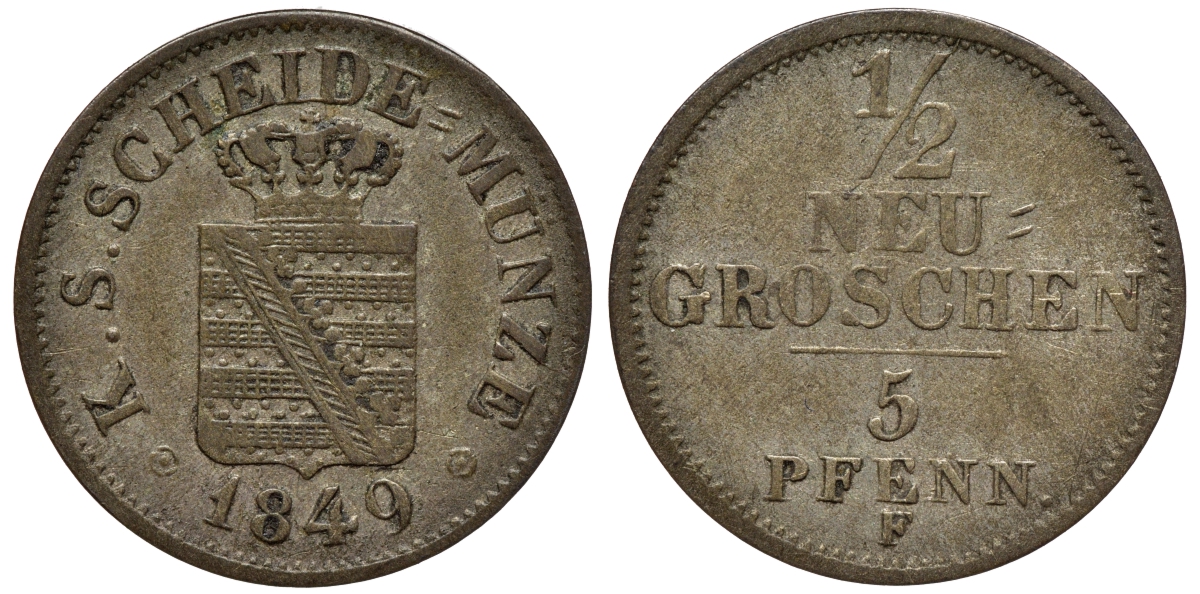 Саксония 1/2 новых гроша - 5 пфеннигов 1849 Фридрих Август II (1797-1854) KM 1158, J. 81 серебро 75-118