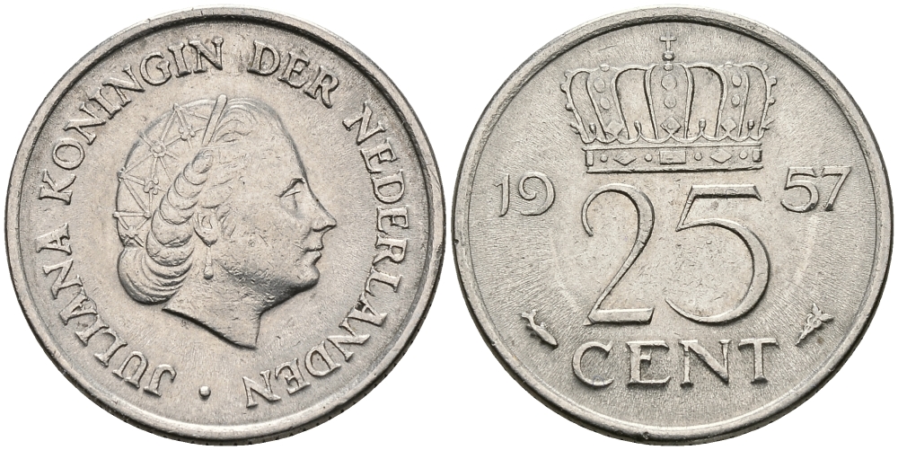 Нидерланды 25 центов 1957 Юлиана (1949-1980) KM 183 никель 96-136