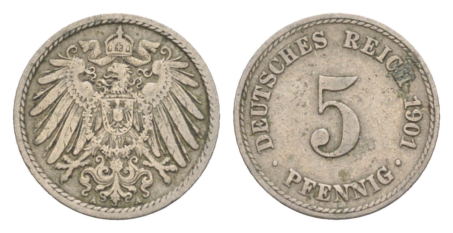 Германия 5 пфеннигов 1901 A, Вильгельм II (1888-1918) KM 11, J. 12 медно-никель 4647-858