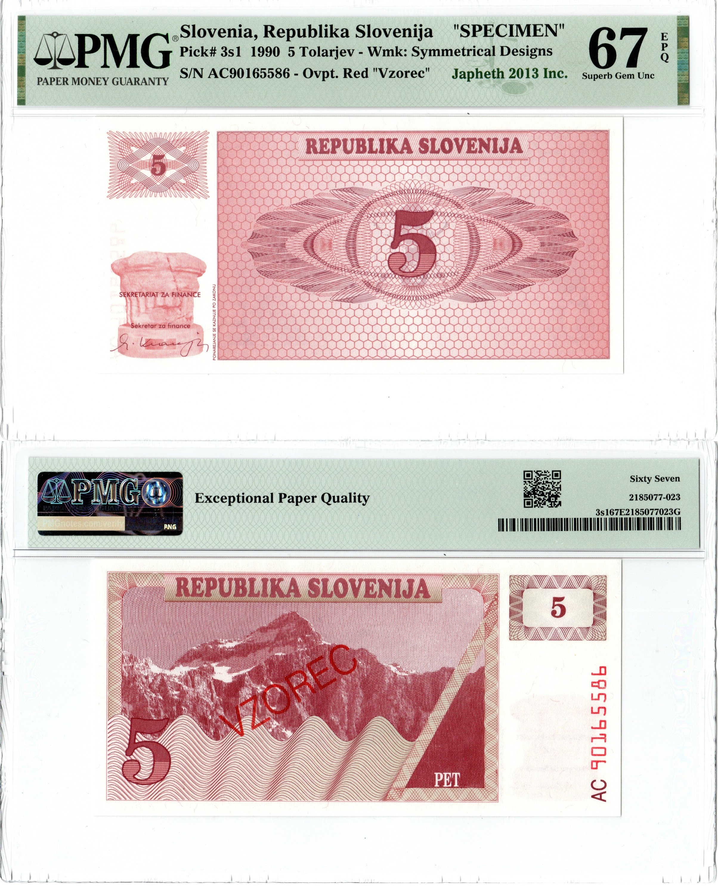 Словения набор из 7 банкнот (образец / SPECIMEN) (1, 5, 10, 50, 100, 500 и 1000 толаров) 1990-1992 в слабах PMG (66, 67 и 68) Pick 1s1, 3s1, 4s1, 5s1, 6s1, 8s1, 9s1 бумага UNC (пресс) 452-2-118