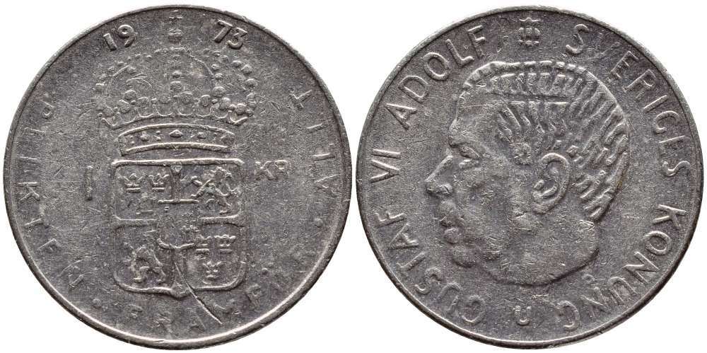 Швеция 1 крона 1973 Густав VI Адольф (1950-1973) KM 826а медь плакированная медно-никелем 4395-527