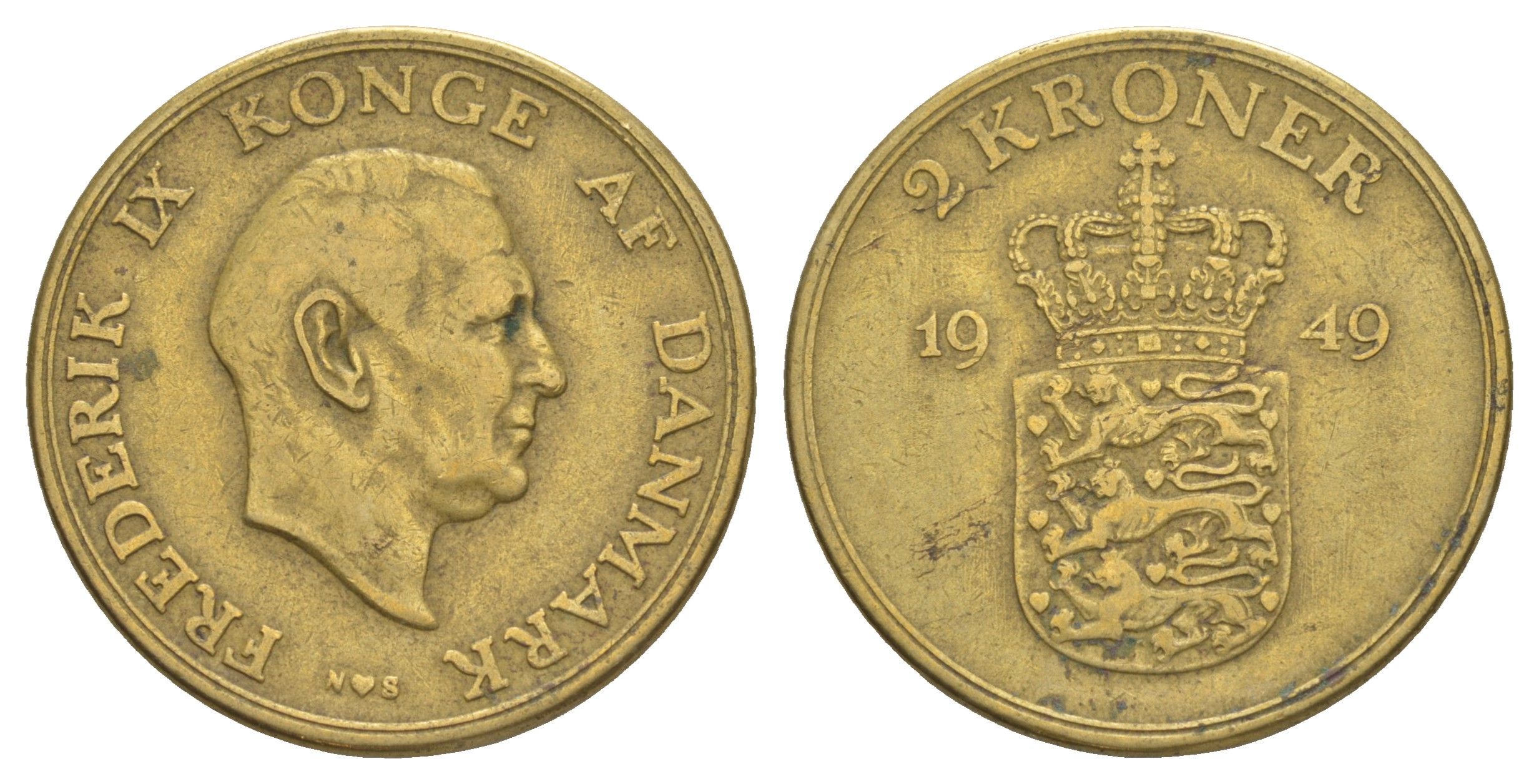 Дания 2 кроны 1949 N, Фредерик IX (1947-1972) KM 838 алюминиевая бронза 4634-526