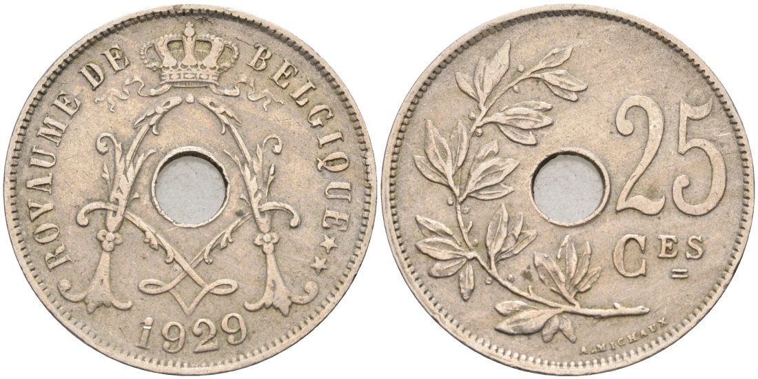 Бельгия 25 сантимов 1929 Belgique KM 68.1 медно-никель 190-734