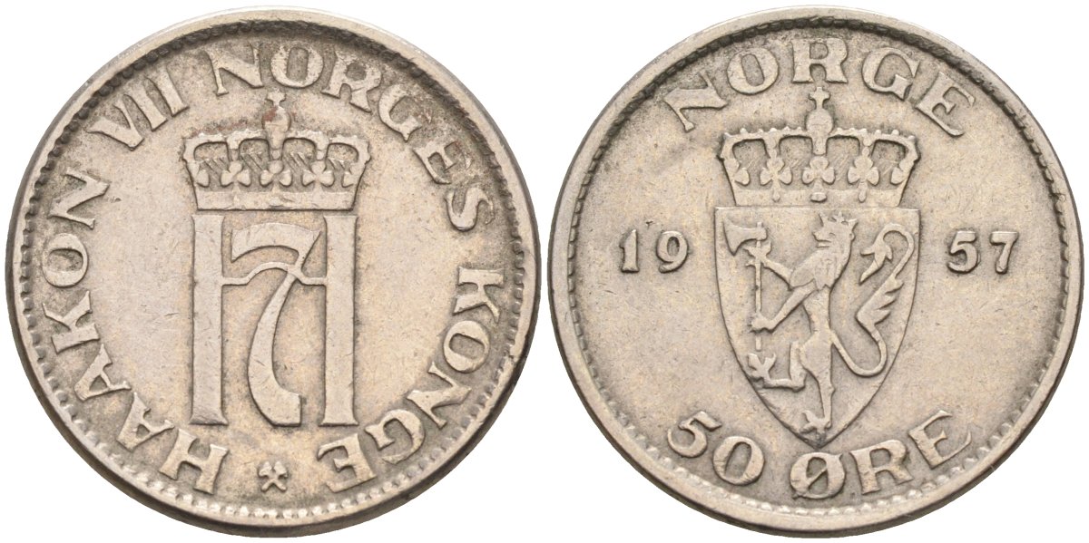 Норвегия 50 эре 1957 Хокон VII (1905-1957) KM 402 медно-никель 4582-653