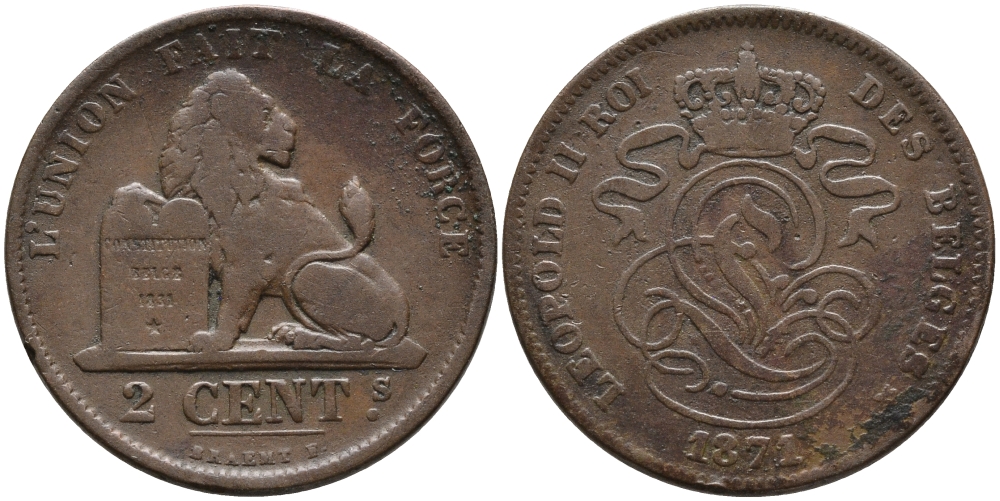БЕЛЬГИЯ 2 САНТИМА 1871 BELGES KM 35.1 медь 95-647