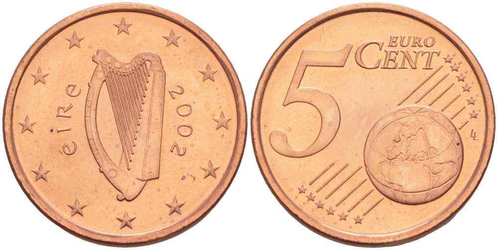 ИРЛАНДИЯ 5 ЕВРОЦЕНТОВ 2002 KM 34 сталь плакированная медью UNC 214-251