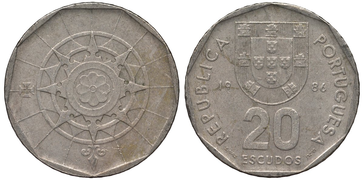 Португалия 20 эскудо 1986 KM 634 медно-никель 4131-312
