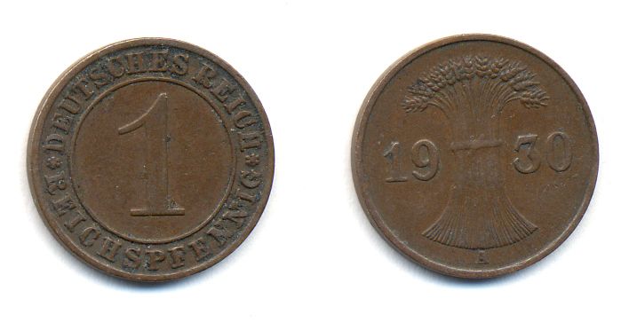 ГЕРМАНИЯ 1 РЕЙХСПФЕННИГ 1930 A KM 37, J. 313 бронза 57-213