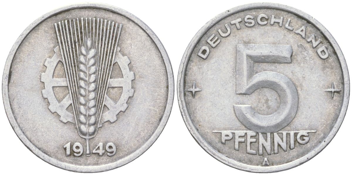 ГДР 5 пфеннигов 1949 A KM 2 алюминий 4613-939