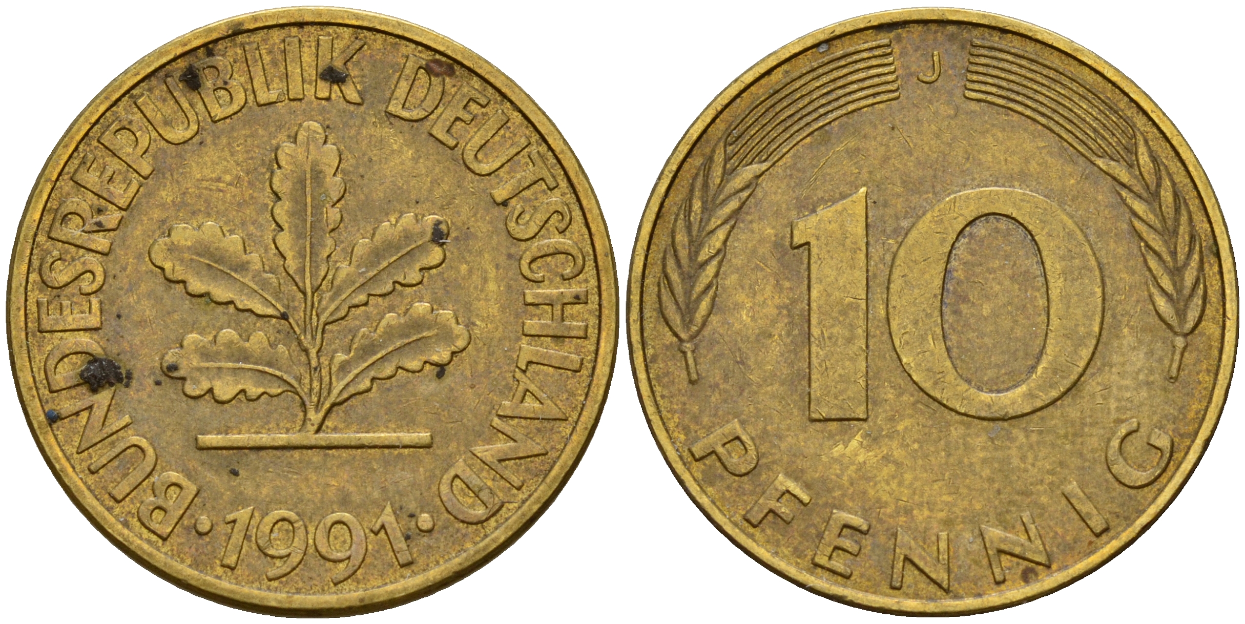 ФРГ 10 пфеннигов 1991 J J. 383, KM 108 сталь плакированная латунью    4603-636