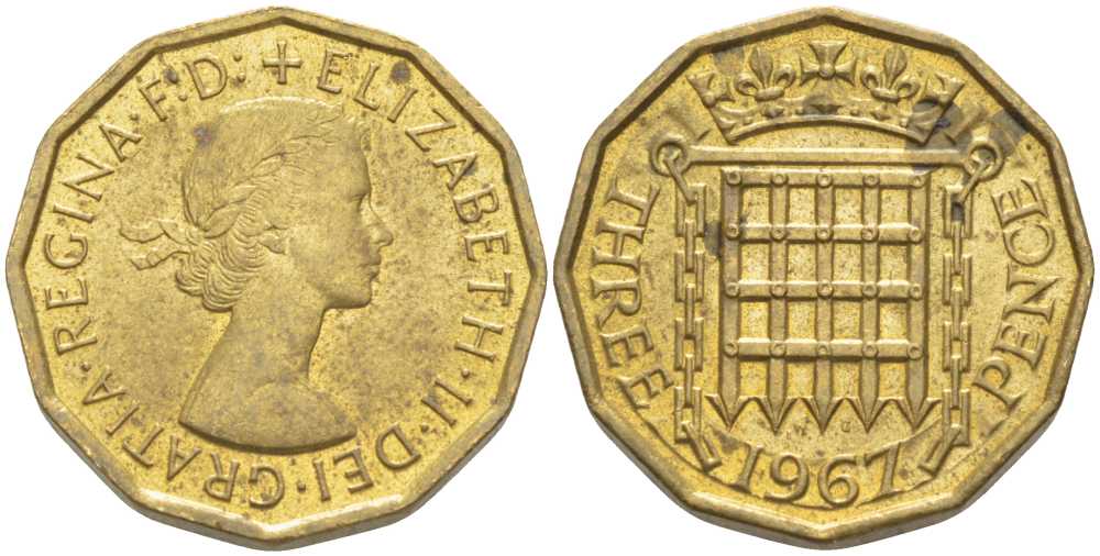 Великобритания 3 пенса 1967 Елизавета II (1952-2022) KM 900, Spink 4153 никель латунь 175-623