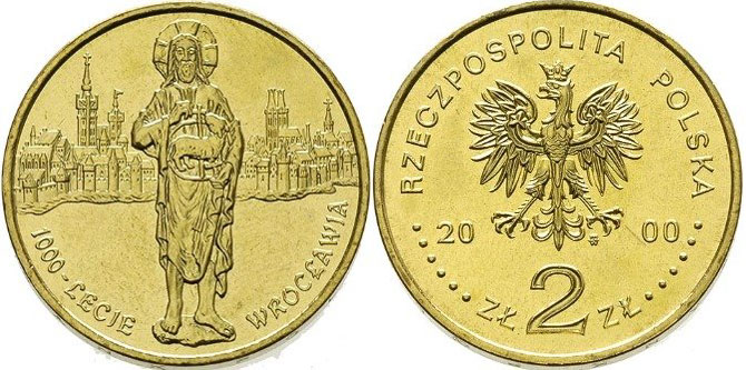 Польша 2 злотых 2000 MW, 1000 лет Вроцлаву KM 389 нордик  UNC  4521-913